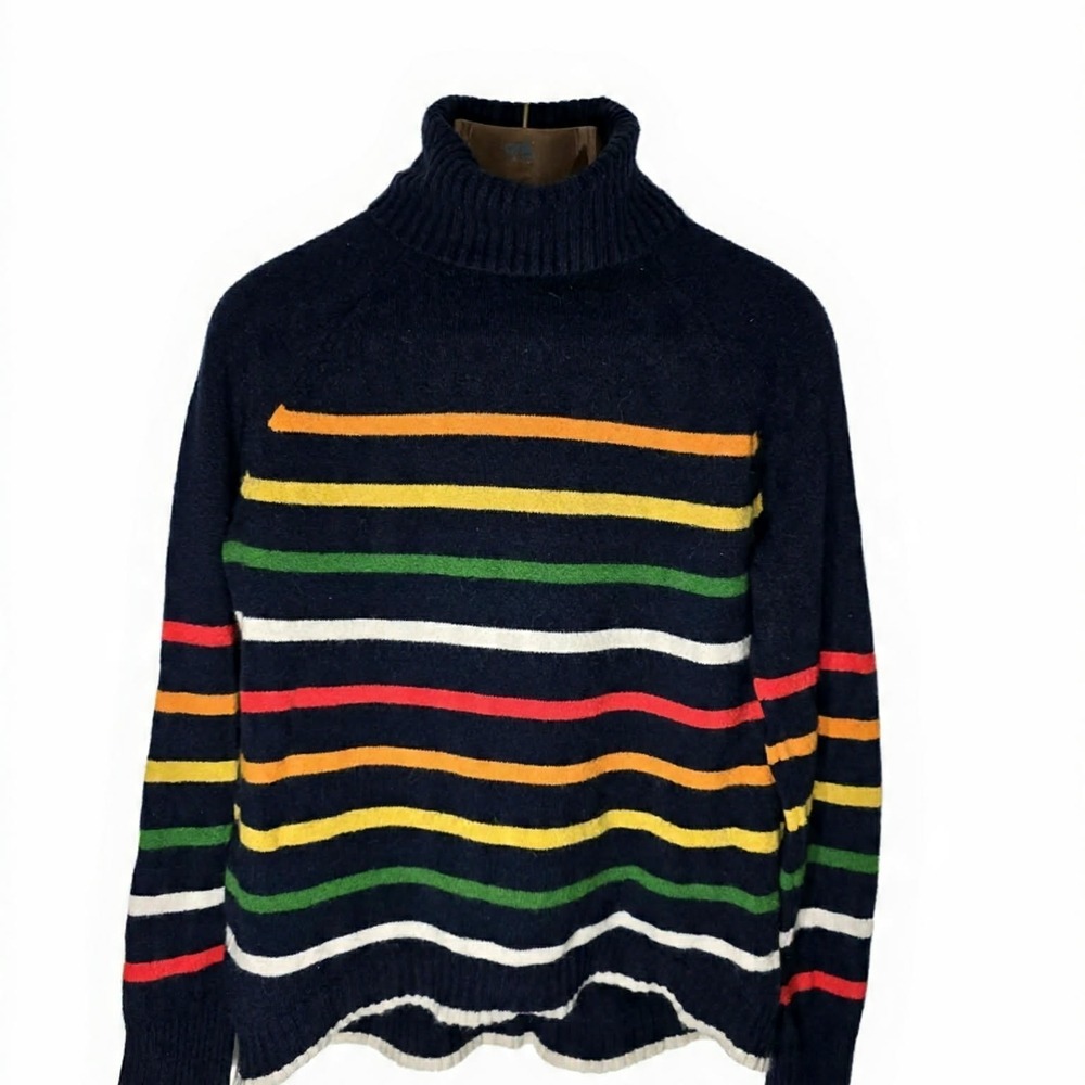 J.Crew Womens Navy Blue Multi Color Striped Turtleneck Alpaca Wool Sweater Large